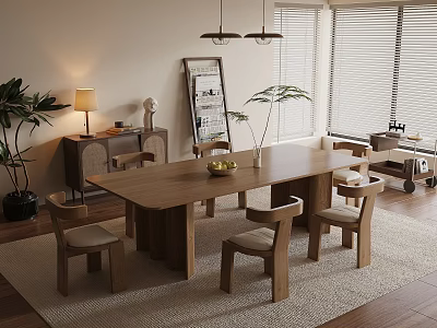 Wooden Dining Table Set With Matching Chairs In Modern Warm Dining Room Interior 3d model