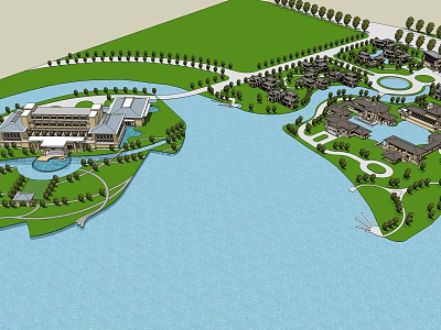 Waterfront Resort Architecture Complex With Green Spaces Paths And Surrounding Water 3d model