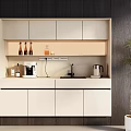Modern Beige Kitchen Sideboard With Countertop Faucet Coffee Machine And Glass Bottles
