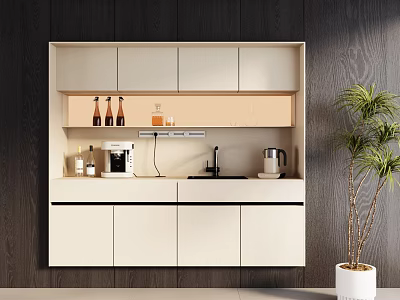 Modern Beige Kitchen Sideboard With Countertop Faucet Coffee Machine And Glass Bottles 3d model