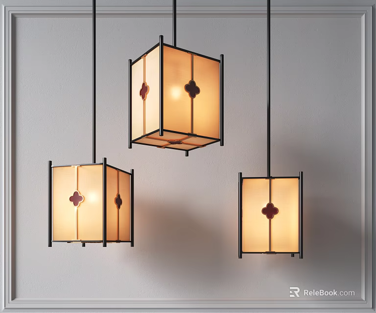 Modern Square Pendant Lights With Black Frame Light Shade And Red Decorative Elements 3d model