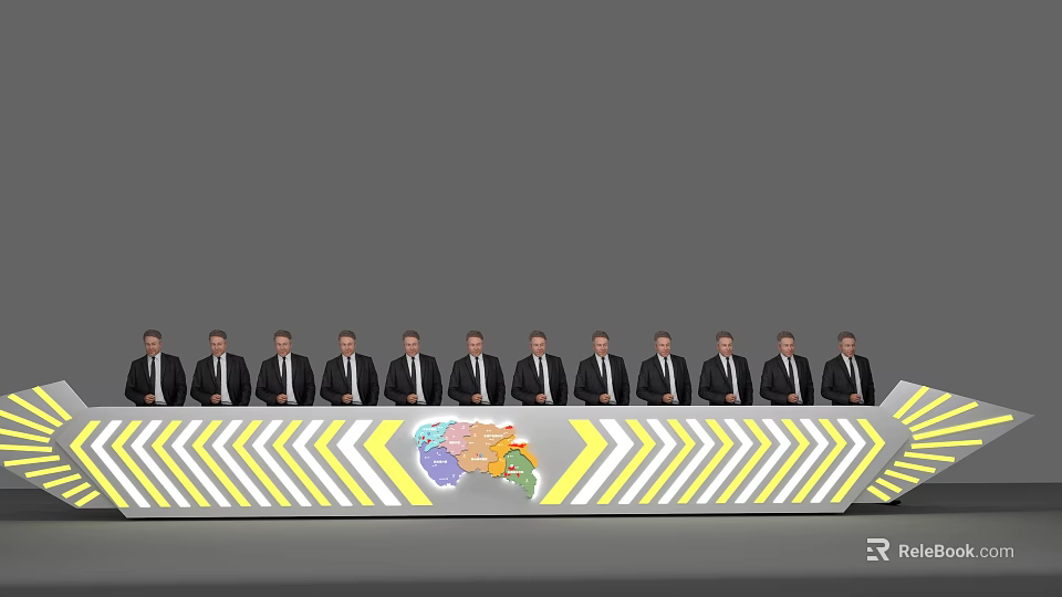 Men in Suits Standing Behind Long Table With World Map and Yellow White Stripe Decor 3d model 