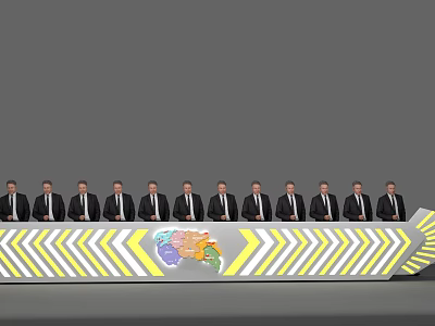 Men in Suits Standing Behind Long Table With World Map and Yellow White Stripe Decor 3d model