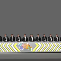 Men in Suits Standing Behind Long Table With World Map and Yellow White Stripe Decor