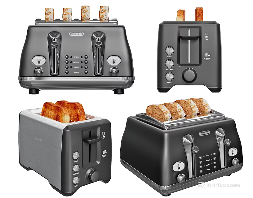 Modern Stylish Kitchen Toasters With Various Designs And Toasted Bread Slices 3d model