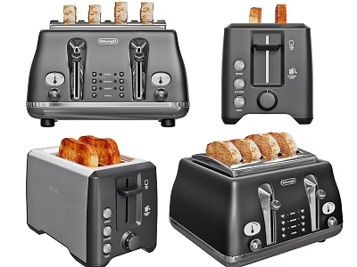 Modern Stylish Kitchen Toasters With Various Designs And Toasted Bread Slices 3d model