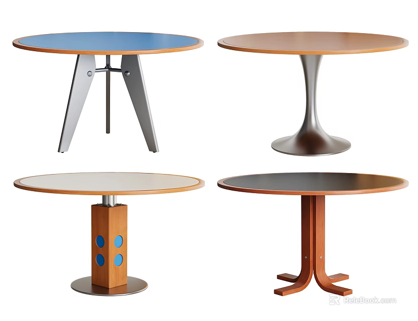 Various Designed Dining Tables With Different Metal Wooden Legs And Colorful Tabletops 3d model 