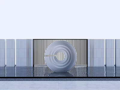 Modern White Spiral Landscape Sculpture in Waterfront Courtyard with Vertical Striped Screen and Gray Walls 3d model