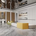 Modern Public Office Area With Colorful Sofa Seating Green Plant And TV Screen