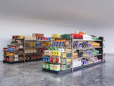 Well Organized Supermarket Shelves Display Assorted Food Items Beverages And Daily Necessities 3d model