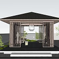 Japanese Style Wooden Pavilion With Slatted Design And Stone Floor Landscape