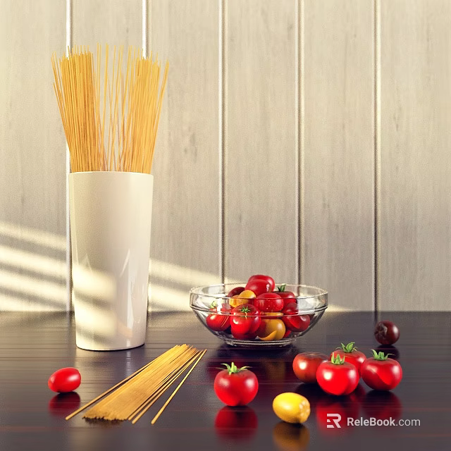 Fresh Red Tomatoes in Glass Bowl with Spaghetti and White Container on Wooden Table 3d model 