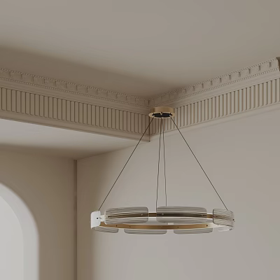 Elegant Circular Chandelier with Metal and Glass Hanging in Room Corner Under Decorative Ceiling Molding 3d model