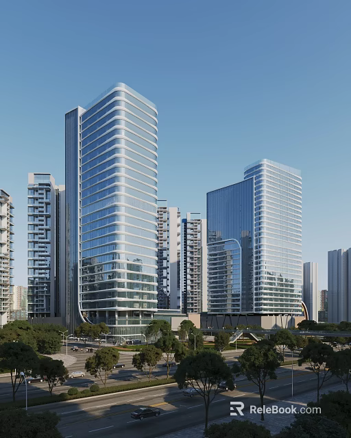 Modern Tall Office Buildings With Glass Curtain Walls In Urban Green Surroundings 3d model 