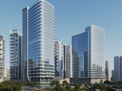Modern Tall Office Buildings With Glass Curtain Walls In Urban Green Surroundings 3d model