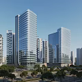 Modern Tall Office Buildings With Glass Curtain Walls In Urban Green Surroundings