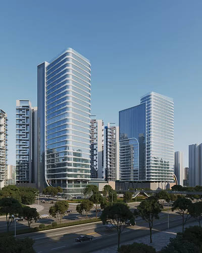 Modern Tall Office Buildings With Glass Curtain Walls In Urban Green Surroundings 3d model
