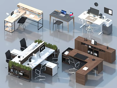Modern Office Desk Designs With Wooden White Finishes Computer Monitors Ergonomic Chairs Green Plants 3d model