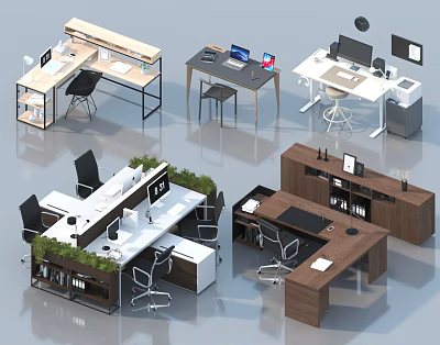 Modern Office Desk Designs With Wooden White Finishes Computer Monitors Ergonomic Chairs Green Plants 3d model