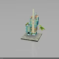 Colorful Multi Story Building 3D Model with Exterior Balconies and Palm Tree