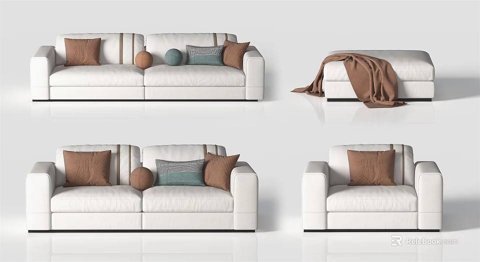 Modern White Sectional Sofa Set with Brown Blue Pillows and Throw Blanket 3d model