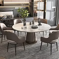 Modern Dining Table Set With Round Marble Top Six Beige Upholstered Chairs Green Plant Decor