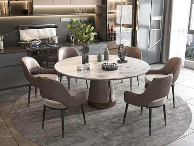 Modern Dining Table Set With Round Marble Top Six Beige Upholstered Chairs Green Plant Decor 3d model