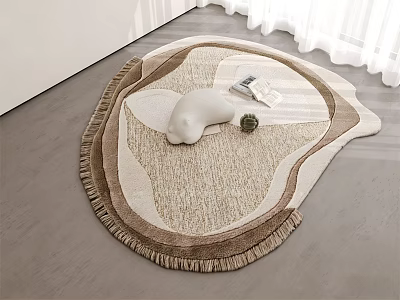 Irregular Shaped Beige Brown Textured Rug With Fringe Edges Sculpture Book Plant In Modern Room 3d model