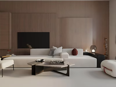 Modern Minimalist Living Room Interior Design With Wood Accent Wall And Soft White Fabric Sofa 3d model
