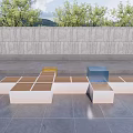 Modern Geometric Outdoor Landscape Seats Featuring Colorful Wooden Panels Concrete Wall And Trees