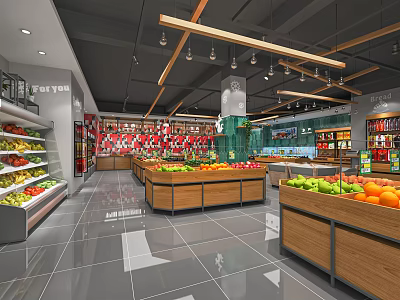 Modern Supermarket Department Store Featuring Fruit Vegetable Displays Neat Shelves Bright Lighting And Open Layout 3d model