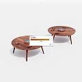 Round Wooden Dining Tables With Small Plates And Decorative Items On Slender Legs 3d model