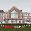 Red Brick School Building With Arched Doors Large Windows And Water Reflection 3d model