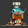 Cartoon Fish Shaped Building With Chef Hat Roof And Decorative Details
