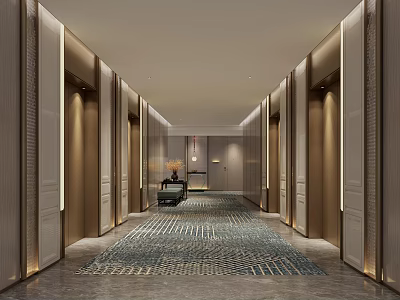 Luxurious Hotel Corridor Featuring Symmetric Paneling Patterned Carpet And Ambient Lighting 3d model