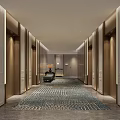 Luxurious Hotel Corridor Featuring Symmetric Paneling Patterned Carpet And Ambient Lighting 3d model