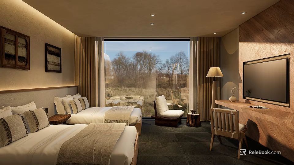 Comfortable Hotel Room With Twin Beds Large Window Natural View Desk Chair And TV 3d model 