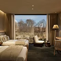 Comfortable Hotel Room With Twin Beds Large Window Natural View Desk Chair And TV