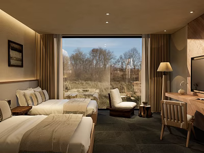 Comfortable Hotel Room With Twin Beds Large Window Natural View Desk Chair And TV 3d model