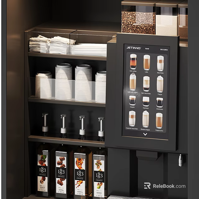 Smart Machine with Touchscreen Display Beverage Options Cups and Condiment Bottles 3d model