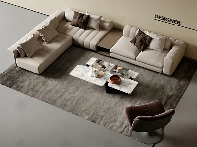 Modern Sectional Sofa Set with Beige Decorative Pillows and Marble Coffee Table in Designer Interior 3d model
