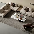 Modern Sectional Sofa Set with Beige Decorative Pillows and Marble Coffee Table in Designer Interior