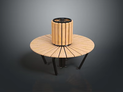 Wooden Round Fire Pit Table With Radiant Slats And Black Metal Legs Design 3d model