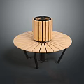 Wooden Round Fire Pit Table With Radiant Slats And Black Metal Legs Design