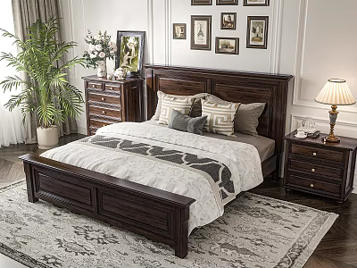 Dark Wood Double Bed With Nightstand Table Lamp Wall Frames And Green Plant On Rug 3d model
