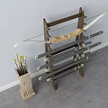 Wooden Weapon Rack With Bow Four Swords And Arrow Holder Containing Arrows
