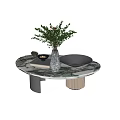 Modern Round Marble Coffee Table With Green Plant Vase And Black Bowl On Marble Floor
