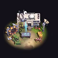 Cartoon Camper Van Scene With Satellite Dishes Street Lamp Table Boxes And Warning Sign