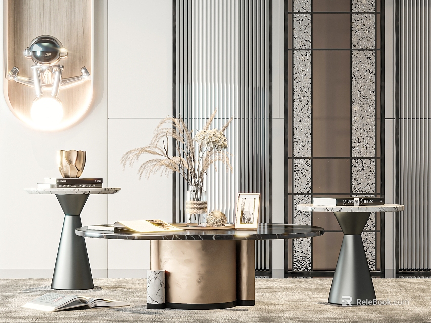 Elegant Modern Coffee Table with Marble Top Dried Plants Vase and Decorative Frame 3d model 