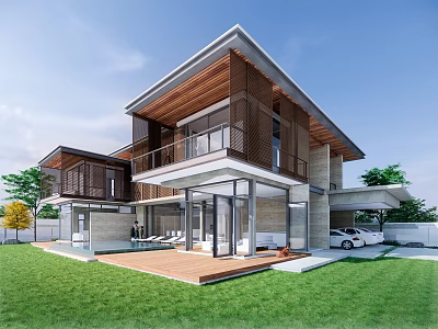 Modern Detached Villa Exterior With Glass Facade Wooden Deck And Green Lawn 3d model